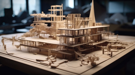 Shot of architectural model on office table, Architectural model at construction site.の素材