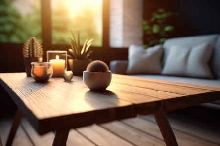 Wooden table top of cozy living room at modern home.の素材