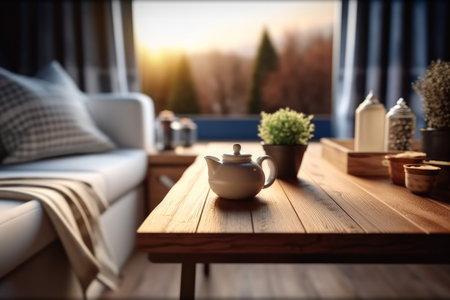 Wooden table top with cup and plant in living room, Morning light.の素材