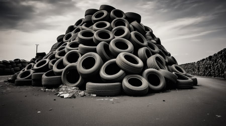 Automobile tires dumped in a big pile for recycling.の素材