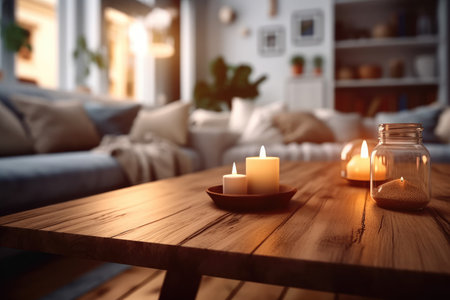 Wooden table top with cup and plant in living room, Morning light.の素材