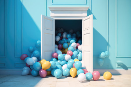 Colorful balloons floating around a open door, Banner design.の素材