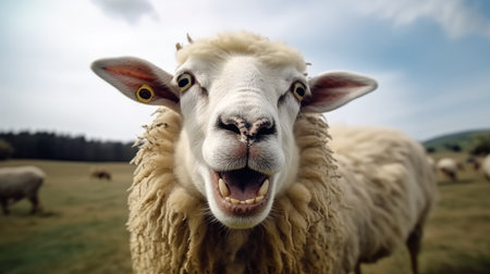 Cheeky sheep makes a funny face, Farm animals.の素材