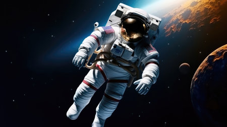 Floating astronaut by the vastness of outer space in the dark night, Space exploration concept.の素材