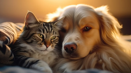 Cat and dog hugging together.の素材