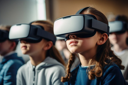Mixed race group of students using virtual reality goggles at the classroom.の素材
