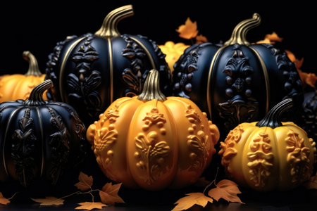 Halloween decoration, Black and orange pumpkins with decorative ornaments on black background.の素材