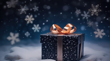 Christmas decoration with gift box, Pine branches and snowflakes background.の素材