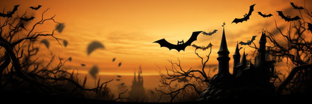Halloween festive decor, Orange background with bats and spiders.の素材