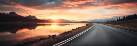 Road with mountains and Lake at sunset.の素材