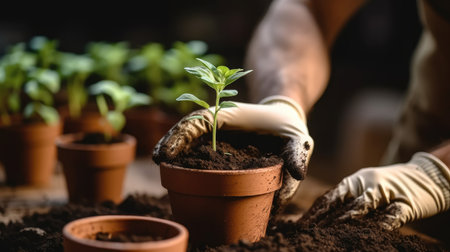 Man are putting soil in clay flower pot for plant transplantation. The concept of environmental conservation.の素材