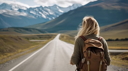 Rear view woman with a backpack and a road stretching into the mountains.の素材