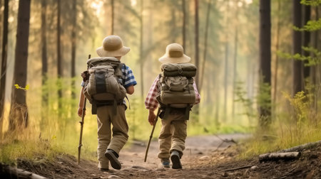 Rear view, Boys with backpacks on a forest road, Vacation adventure concepts.の素材