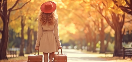 Rear view, beautiful women with suitcase in the autumn park.の素材