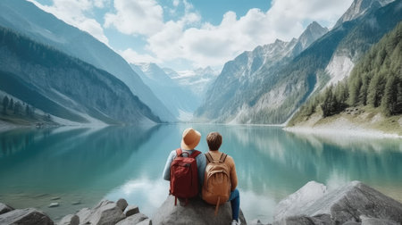 Rear view. Travelers couple sitting look at the mountain lake, Adventure and travel in the mountains, Travel concept.の素材