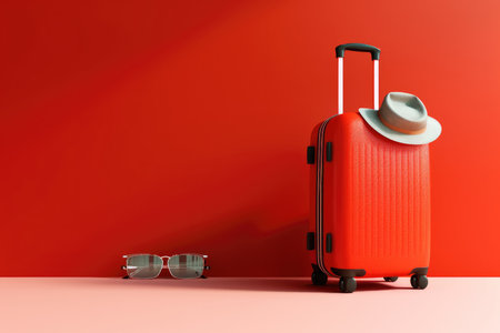 Summertime, Travel bag with straw hat and sunglasses on red background, Travel concept, Minimal style.の素材