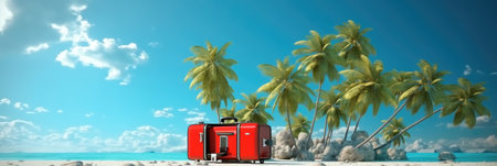 Suitcase red on the ocean, Summer vacation trips, Vacation concept.の素材