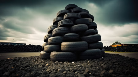 Big pile of used old car tires for recycling, Stack of old car tires.の素材