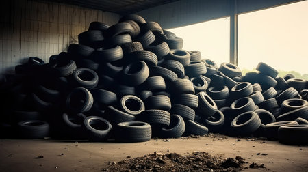 Automobile tires dumped in a big pile for recycling.の素材