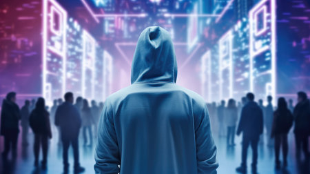 Rear view, Hacker stands amidst a hazy metaverse, information security terms cybersecurity concept, Symbolizing cyber intrusion.の素材