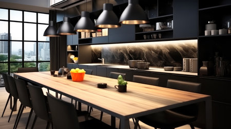 Sleek black colored kitchen at modern house, Interior design, Trendy.の素材