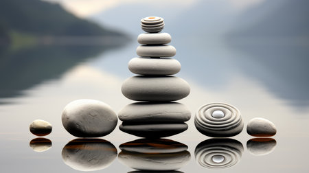 vertical stacked rocks, A pile of rocks balancing, River in background.の素材