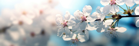 Beautiful cherry tree with tender flowers, Amazing spring blossom at sunrise.の素材