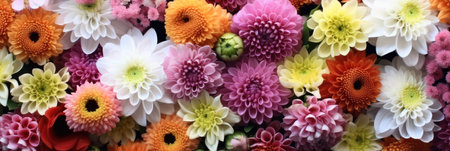 Flowers wall background with amazing red, orange, pink, purple, Green and white chrysanthemum flowers, Wedding decoration, Banner.の素材