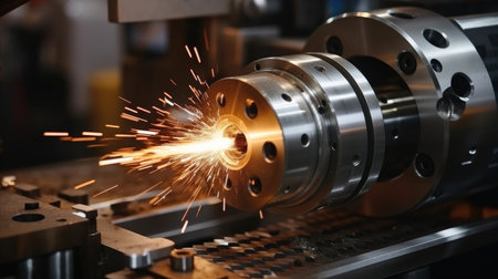 Extreme close up of a metal lathe in action, Modern radial CNC lathe.の素材
