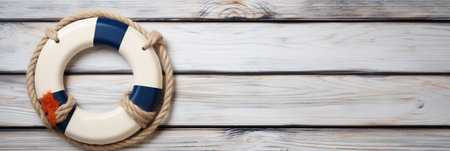 Lifebuoy on horizontal wooden background texture with copy space.の素材
