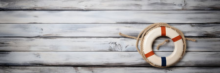 Lifebuoy on horizontal wooden background texture with copy space.の素材