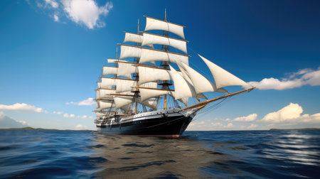 Sailing ship, Beautiful tall ship sailing deep blue waters toward adventure.の素材
