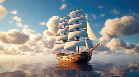 Sailing ship, Beautiful tall ship sailing deep blue waters toward adventure.の素材