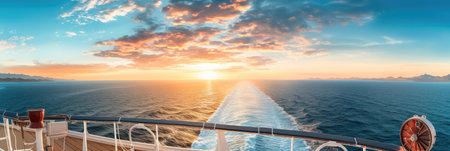 Summer cruise vacation concept, Cruise ship, Panoramic view of the sea with a beautiful sunset.の素材