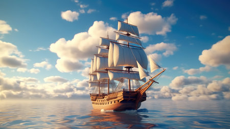 Sailing ship, Beautiful tall ship sailing deep blue waters toward adventure.の素材