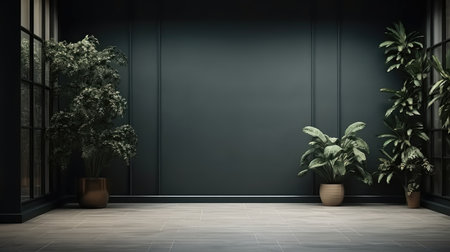 Modern interior design of empty living room and dark wall with plants.の素材