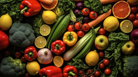 Fresh organic fruits and vegetables, Variety of raw vegetables and spices for cooking.の素材