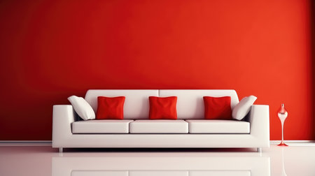 White couch on red wall background, Interior of modern design room.の素材