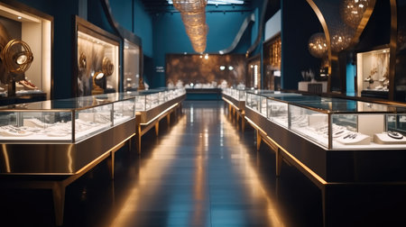 Presentation of a retail showcase in a jewelry store, Bracelets and diamond necklaces displayed in a luxury retail shop window.の素材