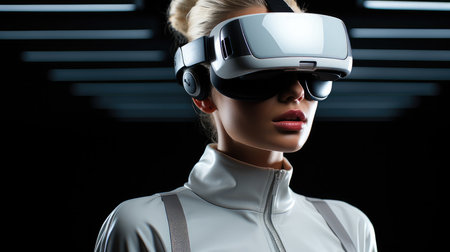 Beautiful woman using virtual reality headset on virtual reality background, Future technologies.の素材