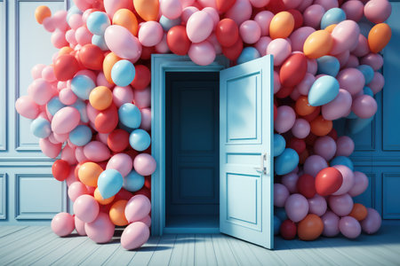 Colorful balloons and blue door.の素材