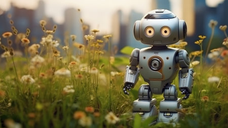 Robot in meadow with city background, Future technology concept.の素材