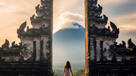 Rear view, Woman standing at the Ancient Gates of Pura Lempuyang Temple aka Gates of Heaven, Bali, Indonesia.の素材