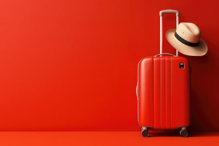 Summertime, Travel bag with straw hat and sunglasses on red background, Travel concept, Minimal style.の素材