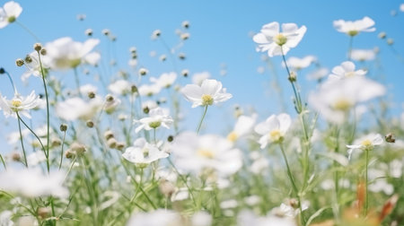 White flowers blooming in the field in spring with clear sky.の素材