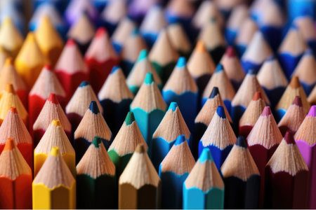 Closeup shot of sharpened pencils of different colors.の素材