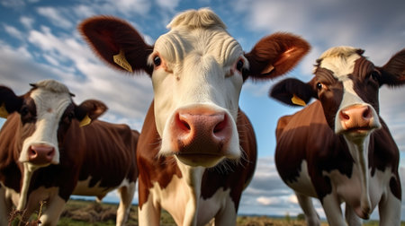 Three cows in the pasture with the background of the cloudy sky.の素材