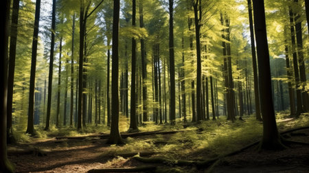 Beautiful scenery of high green trees in the forest with the sun rays.の素材