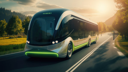 Intelligent vehicle concept, Autonomous electric shuttle bus self driving through on road at modern city.の素材