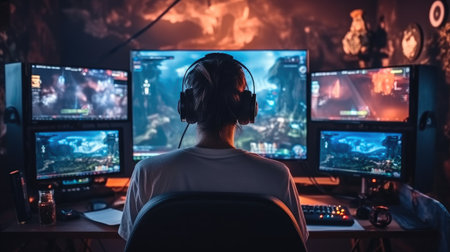 Rear view, Professional person gamer playing using computer at night.の素材